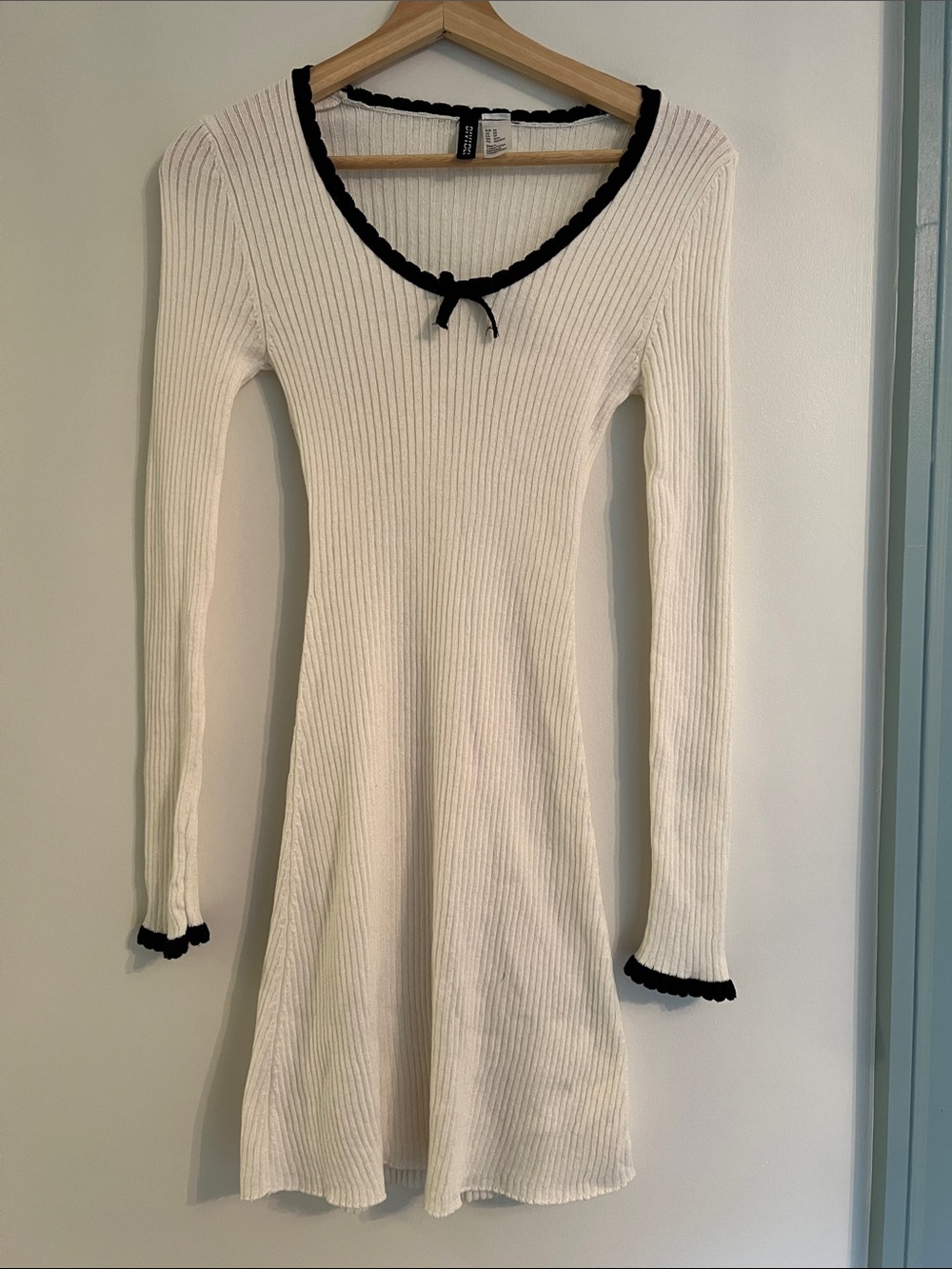 Divided Cream Ribbed Knit Dress with Black Scallop Trim